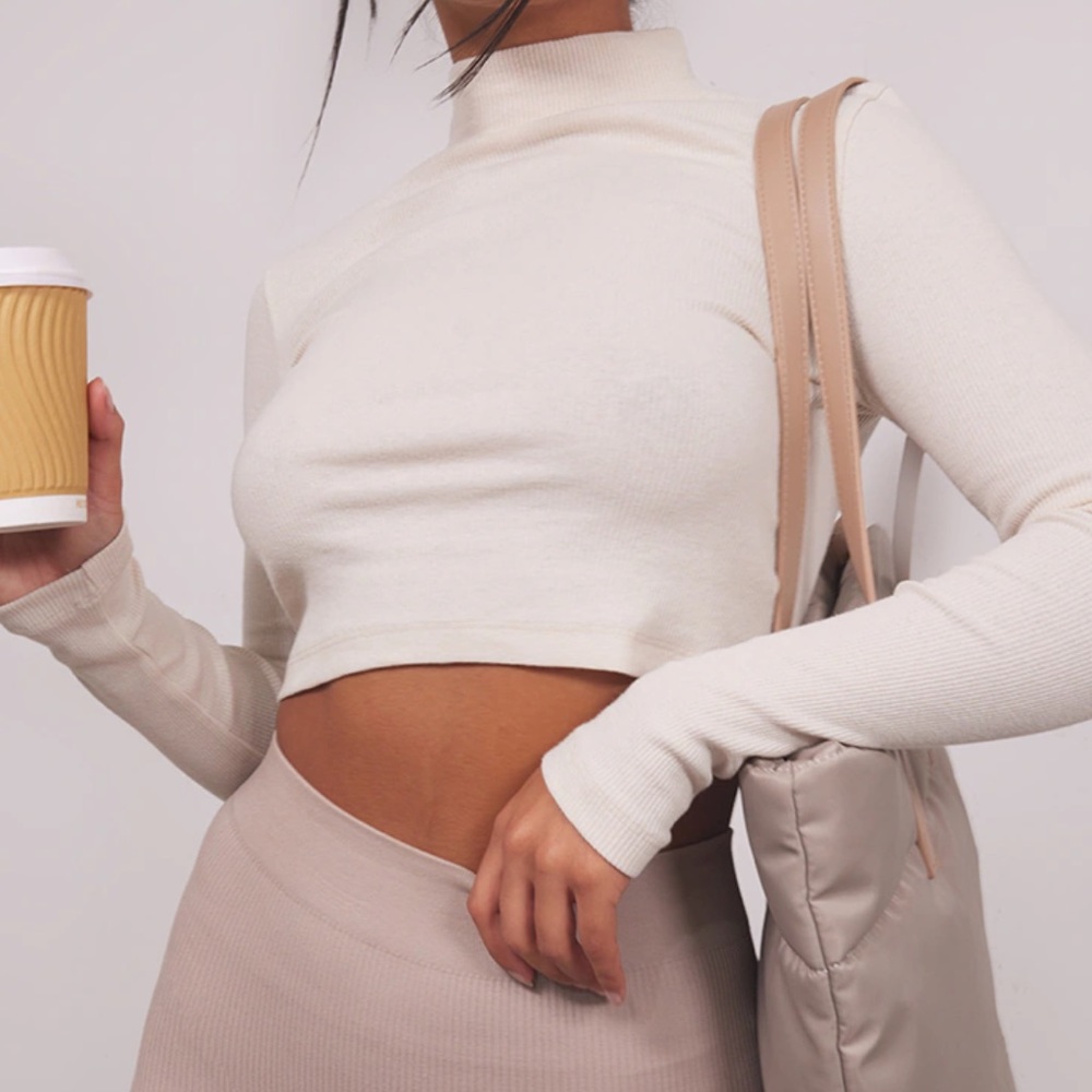 Stone rib high neck, long sleeve crop top